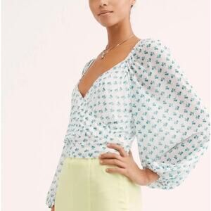 Free People White Floral Lace Cropped Top XS Balloon Sleeve Boho